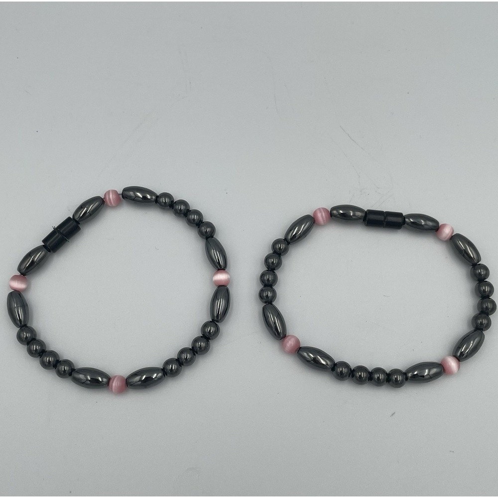 Set Of 2 Magnetic Bracelets Black Hematite And Pink Cat Eye Bead Healing Beaded